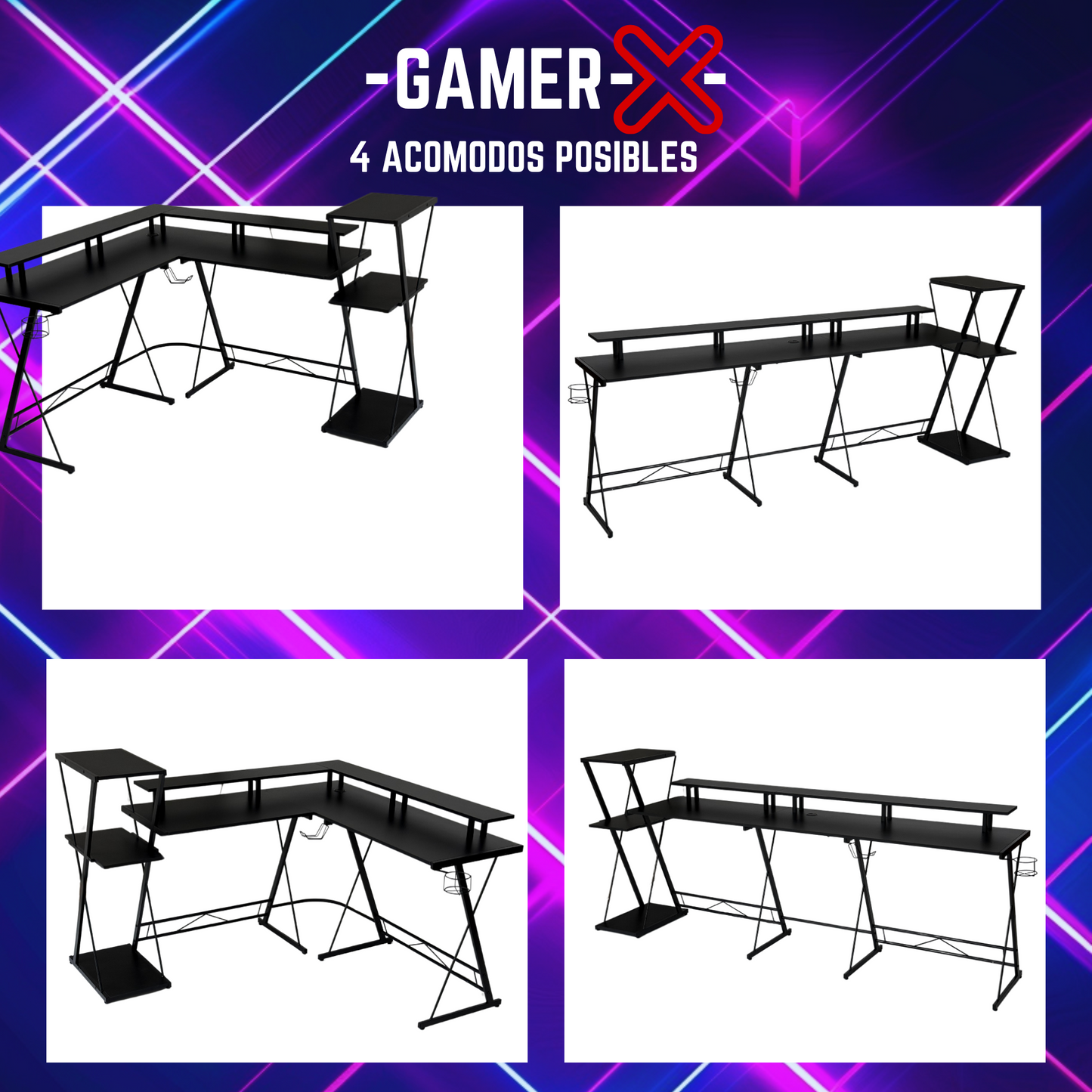 Escritorio Gamer con Repisas en L convertible en recto