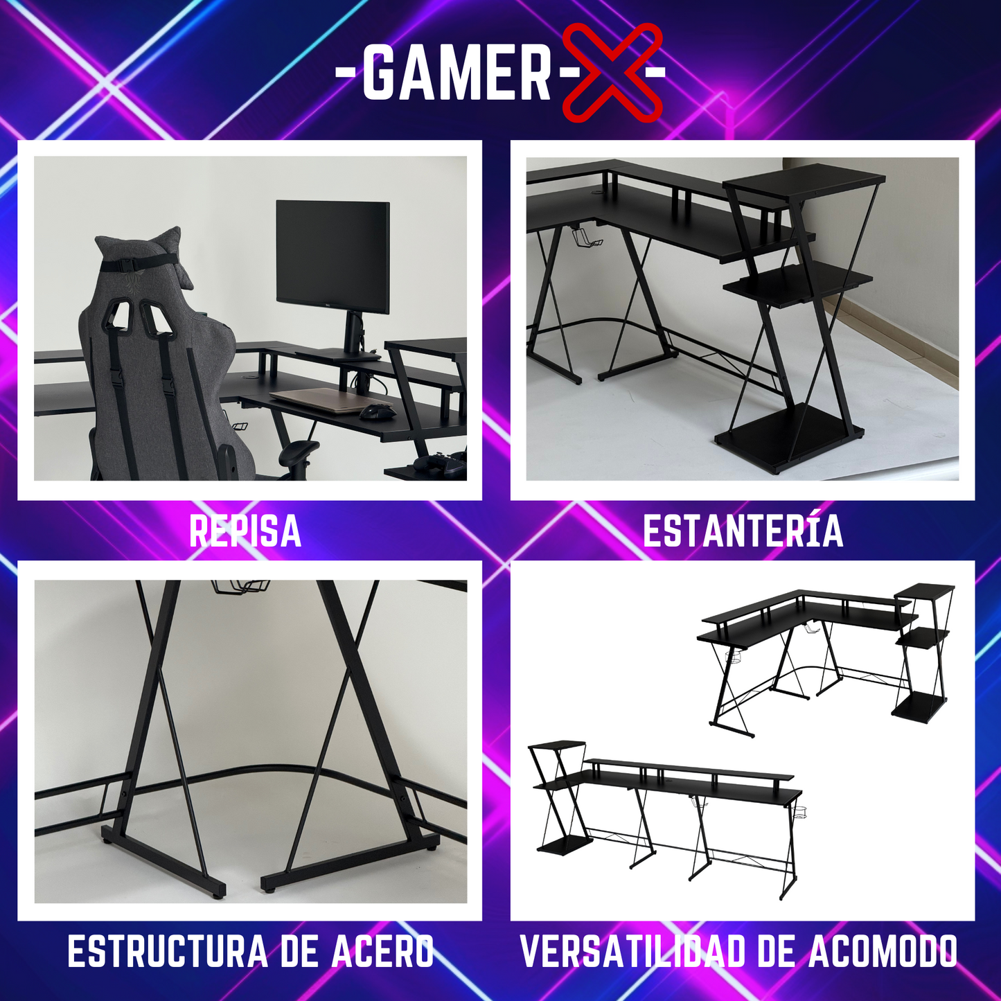 Escritorio Gamer con Repisas en L convertible en recto