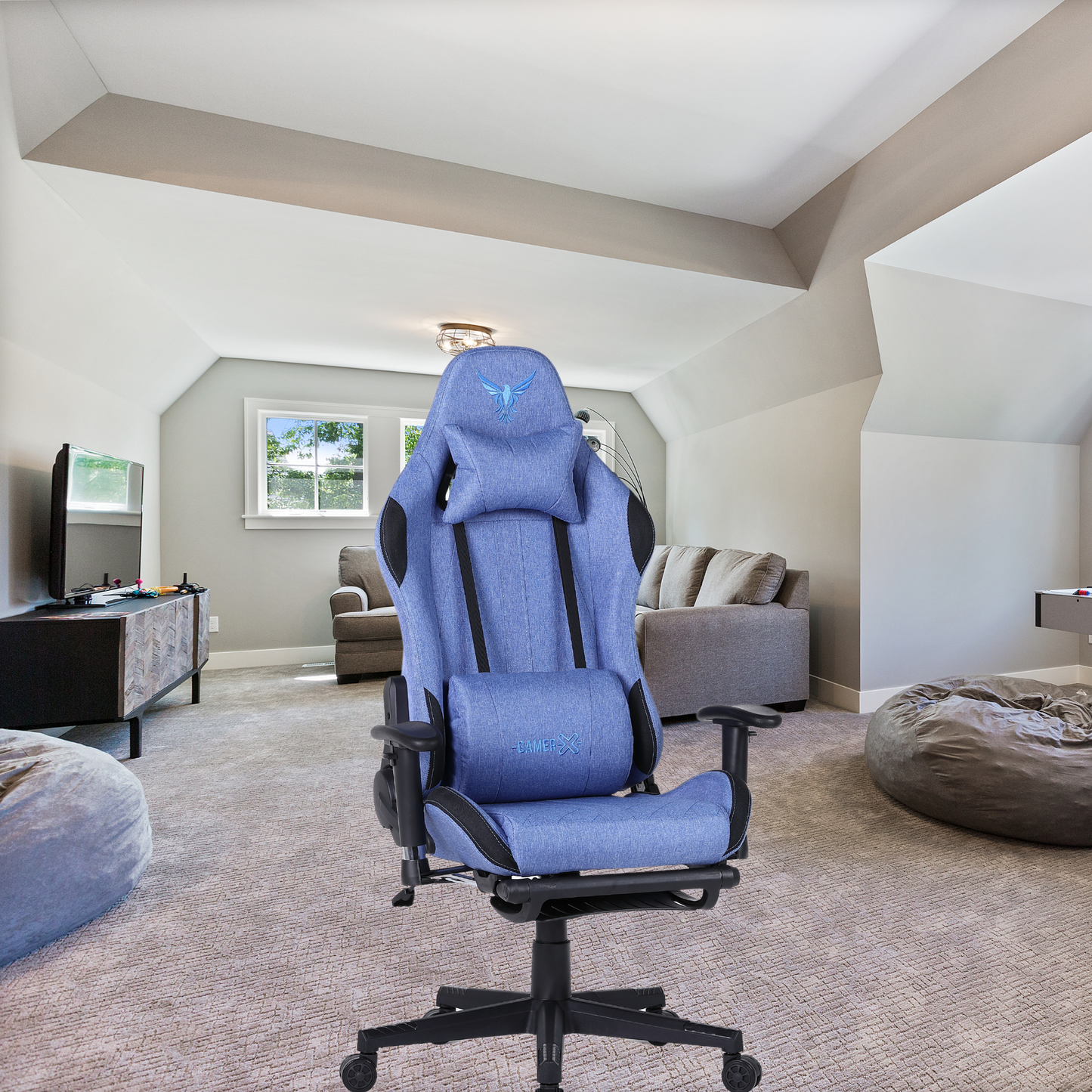 Silla Gamer Ergonómica Escritorio de Tela Transpirable con Reposapiés y Soporte Lumbar (Azul)