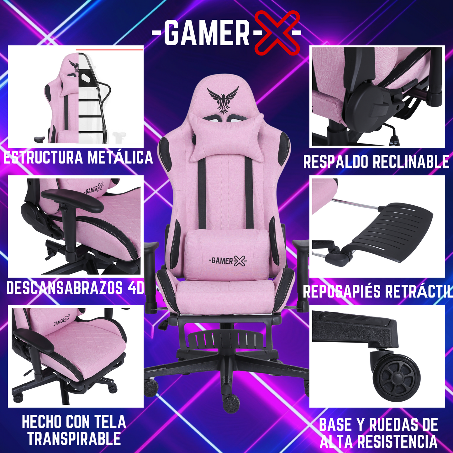 Silla Gamer Ergonómica Escritorio de Tela Transpirable con Reposapiés y Soporte Lumbar