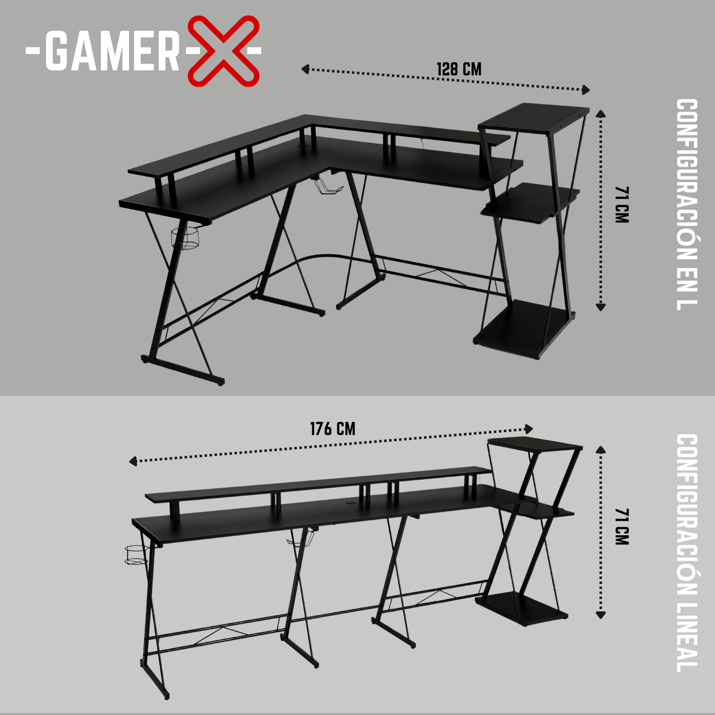 Escritorio Gamer con Repisas en L convertible en recto