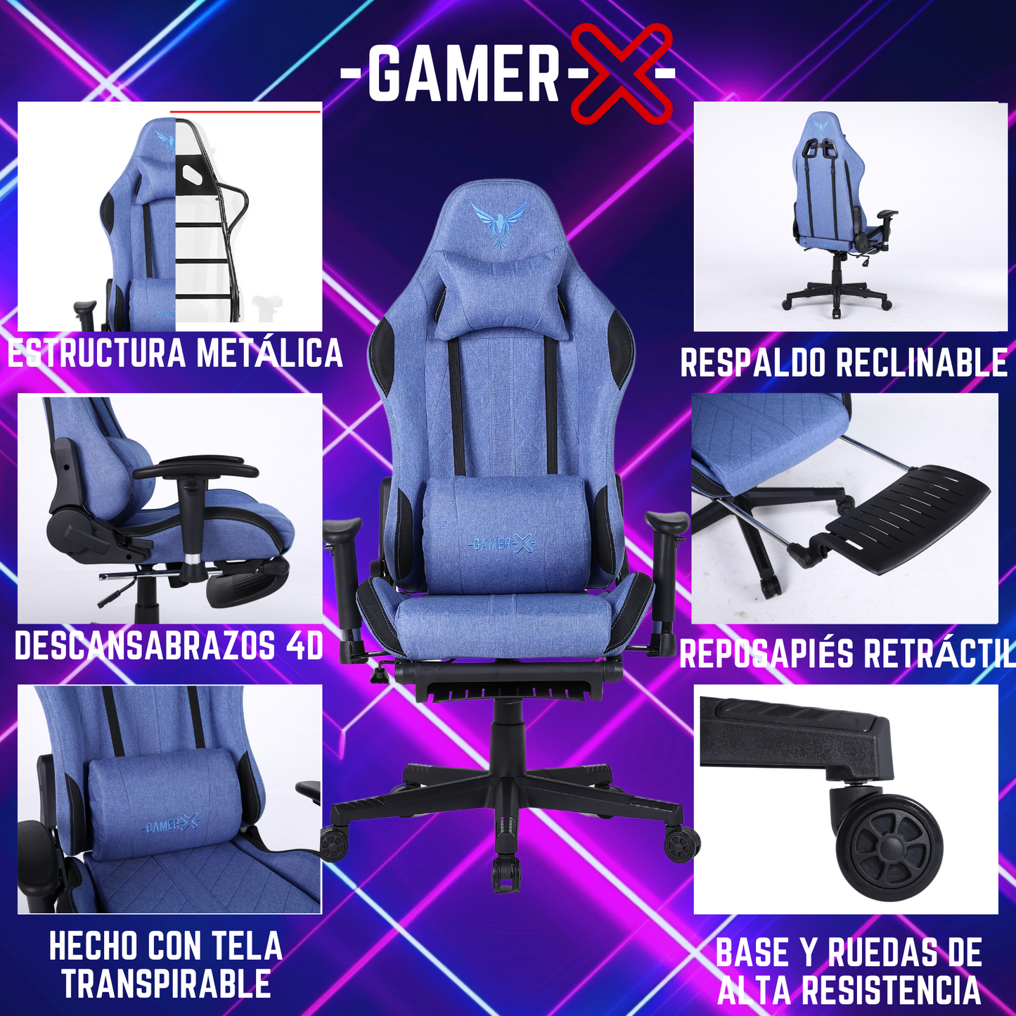 Silla Gamer Ergonómica Escritorio de Tela Transpirable con Reposapiés y Soporte Lumbar (Azul)