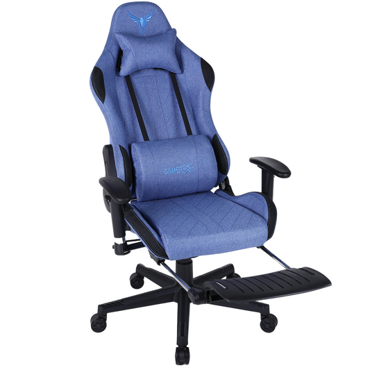 Silla Gamer Ergonómica Escritorio de Tela Transpirable con Reposapiés y Soporte Lumbar (Azul)